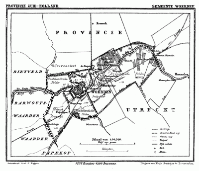 Gemeente Woerden in ca. 1870, kaart J. Kuijper