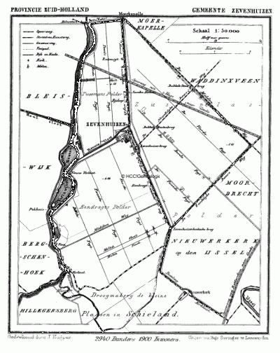 Gemeente Zevenhuizen in ca. 1870, kaart J. Kuijper
