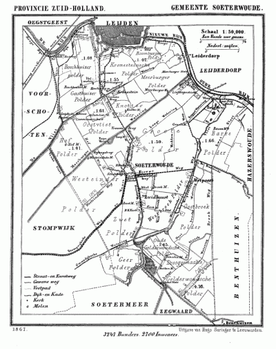 Gemeente Zoeterwoude in ca. 1870, kaart J. Kuijper