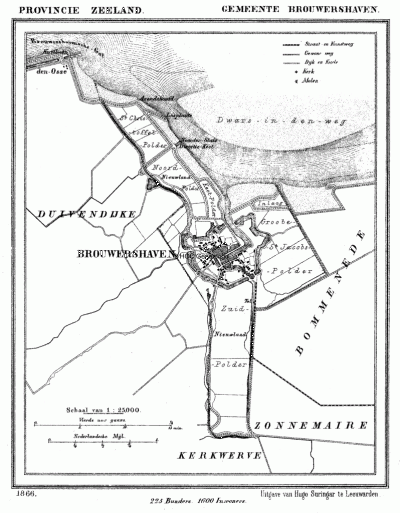 Gemeente Brouwershaven in ca. 1870, kaart J. Kuijper