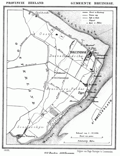 Gemeente Bruinisse in ca. 1870, kaart J. Kuijper