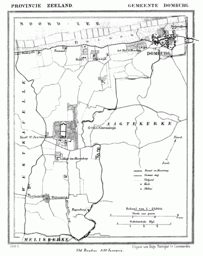 Gemeente Domburg in ca. 1870, kaart J. Kuijper