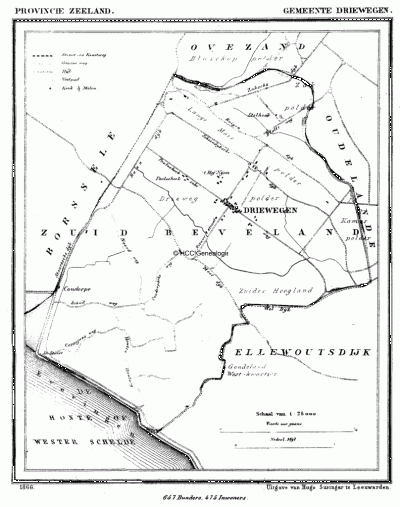 Gemeente Driewegen in ca. 1870, kaart J. Kuijper