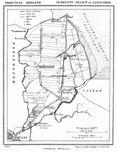 Gemeente Graauw en Langendam in ca. 1870, kaart J. Kuijper