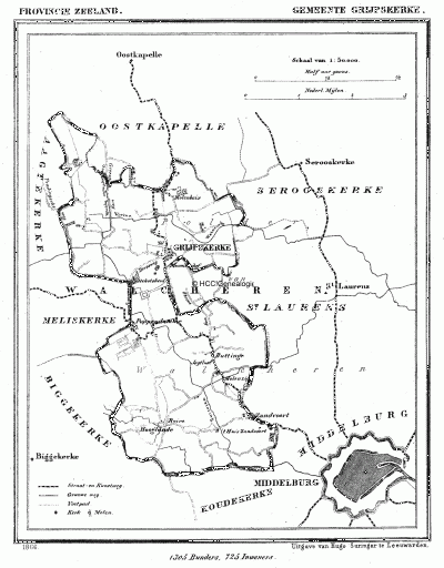 Gemeente Grijpskerke in ca. 1870, kaart J. Kuijper