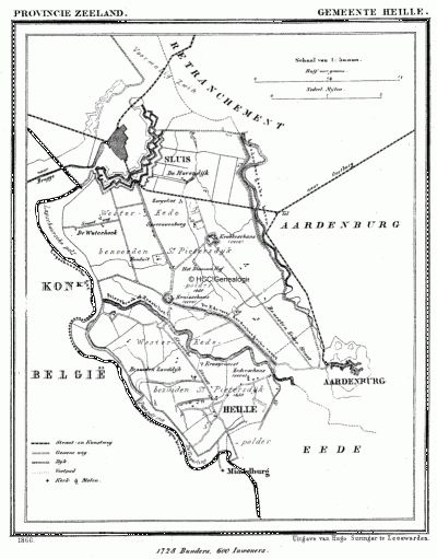Gemeente Heille in ca. 1870, kaart J. Kuijper