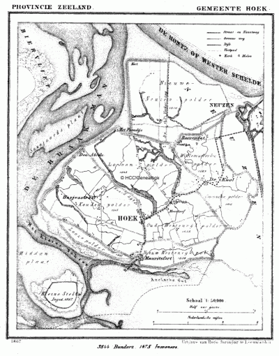 Gemeente Hoek in ca. 1870, kaart J. Kuijper