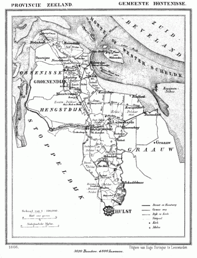 Gemeente Hontenisse in ca. 1870, kaart J. Kuijper