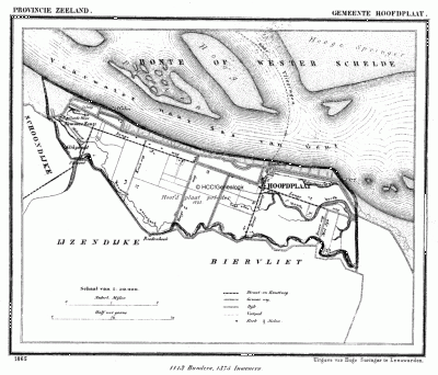 Gemeente Hoofdplaat in ca. 1870, kaart J. Kuijper