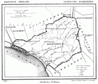 Gemeente Kerkwerve in ca. 1870, kaart J. Kuijper