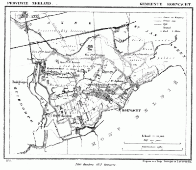 Gemeente Koewacht in ca. 1870, kaart J. Kuijper
