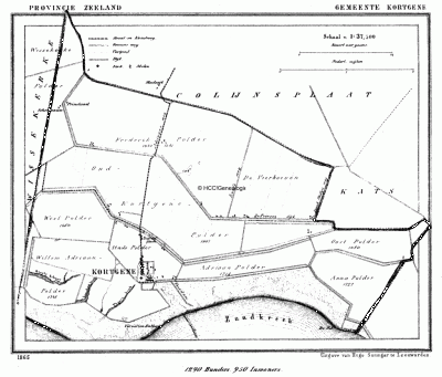 Gemeente Kortgene in ca. 1870, kaart J. Kuijper