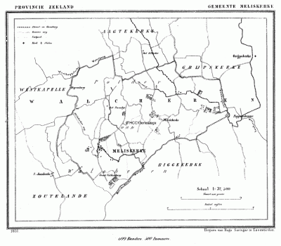 Gemeente Meliskerke in ca. 1870, kaart J. Kuijper
