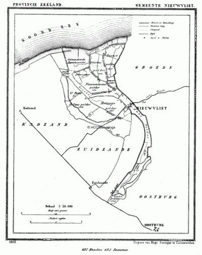Gemeente Nieuwvliet in ca. 1870, kaart J. Kuijper