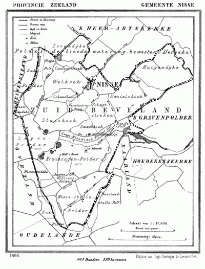 Gemeente Nisse in ca. 1870, kaart J. Kuijper