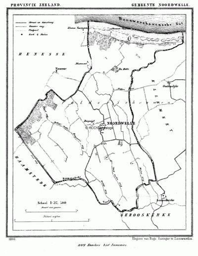 Gemeente Noordwelle in ca. 1870, kaart J. Kuijper