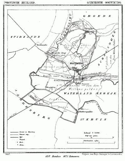 Gemeente Oostburg in ca. 1870, kaart J. Kuijper