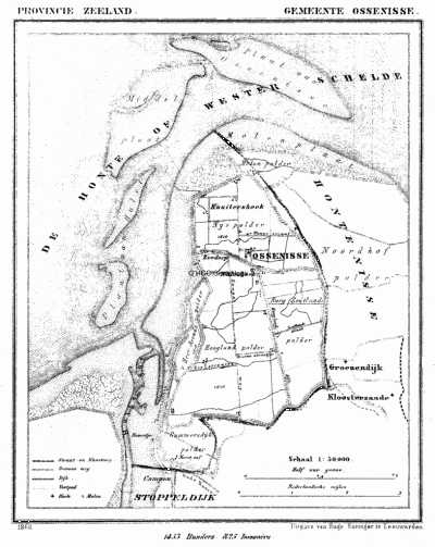 Gemeente Ossenisse in ca. 1870, kaart J. Kuijper