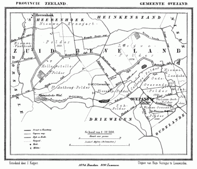 Gemeente Ovezande in ca. 1870, kaart J. Kuijper