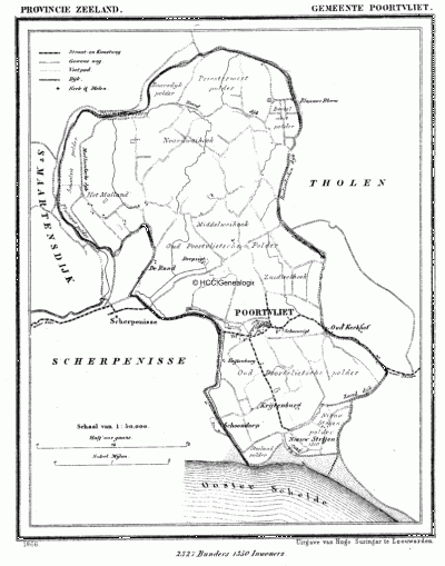 Gemeente Poortvliet in ca. 1870, kaart J. Kuijper