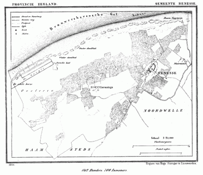 Gemeente Renesse in ca. 1870, kaart J. Kuijper