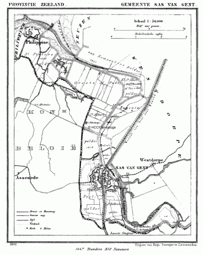 Gemeente Sas van Gent in ca. 1870, kaart J. Kuijper