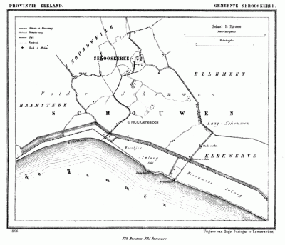 Gemeente Serooskerke (Schouwen) in ca. 1870, kaart J. Kuijper