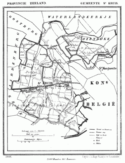 Gemeente Sint Kruis in ca. 1870, kaart J. Kuijper