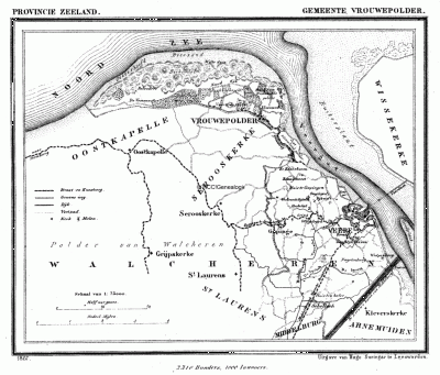 Gemeente Vrouwenpolder in ca. 1870, kaart J. Kuijper
