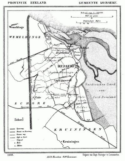 Gemeente Yerseke in ca. 1870, kaart J. Kuijper