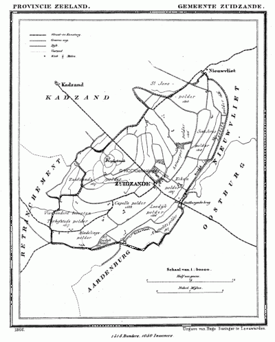 Gemeente Zuidzande in ca. 1870, kaart J. Kuijper