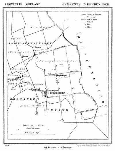 Gemeente 's-Heerenhoek in ca. 1870, kaart J. Kuijper