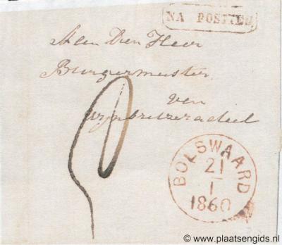 Bolsward heeft veel verschillende schrijfwijzen gekend. Zo heeft het, althans in de stempels van het postkantoor, van 1850 tot 1864 Bolswaard geheten.