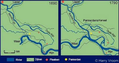 Door de aanleg van het Pannerdens Kanaal (gereed 1707) is Pannerden (de gele stip op de kaart) van de Betuwe afgesneden. Maar ook de andere dorpen tussen Betuwe en Oude Rijn, in het gebied dat nu 'het Gelders Eiland' heet (o.a. Herwen, Aerdt, Lobith).