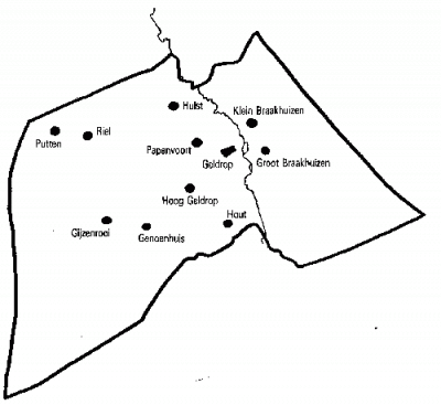 Gemeente Geldrop, plattegrond anno 1921, situatie van na de herindeling, waardoor de gemeente Zesgehuchten aan de gemeente Geldrop was toegevoegd. (© Bewonersvereniging Gijzenrooi)