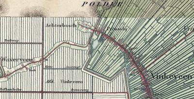 Op deze kaart, uit ca. 1880, zien we de buurtschap Achterbos nog duidelijk liggen als voormalig schiereiland in de kort ervoor drooggelegde polder die tegenwoordig Groot-Mijdrecht Noord heet. O ervan ligt de buurtschap Proostdij.