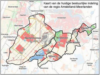Het gemeentelijk samenwerkingsverband regio Amstelland-Meerlanden omvat de gemeenten Aalsmeer, Amstelveen, Diemen, Haarlemmermeer, Ouder-Amstel en Uithoorn. (© www.noord-holland.nl)