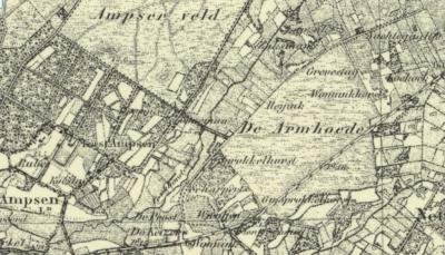 Buurtschap Armhoede was oorspronkelijk een 'gemeenschappelijke weide voor minvermogenden', zoals op deze kaart uit ca. 1870 nog goed te zien is. De buurtschap wordt doorsneden door de Goorseweg, voorheen Grintweg (= de 'geblokte' weg). (© Kadaster)