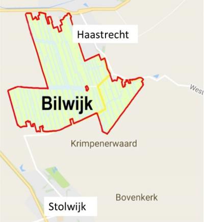 Op deze kaart is de ligging van buurtschap en natuurgebied Bilwijk ten opzichte van de dorpen Haastrecht in het N en Stolwijk in het Z goed te zien. (© www.krimpenerwaard.nl)