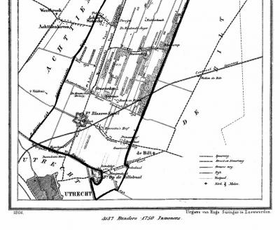Op deze kaart uit ca. 1870 liggen fort en nederzetting Blauwkapel nog zeer landelijk, omringd door weilanden. Dat is pas veranderd door de bouw van de Utrechtse wijk Overvecht in de jaren zestig van de 20e eeuw.