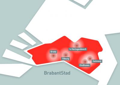 Mooie, gestileerde kaart waarop de ligging van BrabantStad - het samenwerkingsverband van de vijf grootste steden in Noord-Brabant - duidelijk wordt gevisualiseerd. (© www.brabantstad.nl)