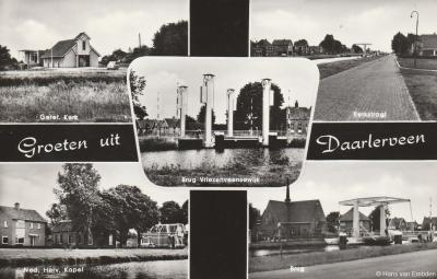 Oude ansichtkaart (jaren vijftig?) met diverse dorpsgezichten in Daarlerveen.
