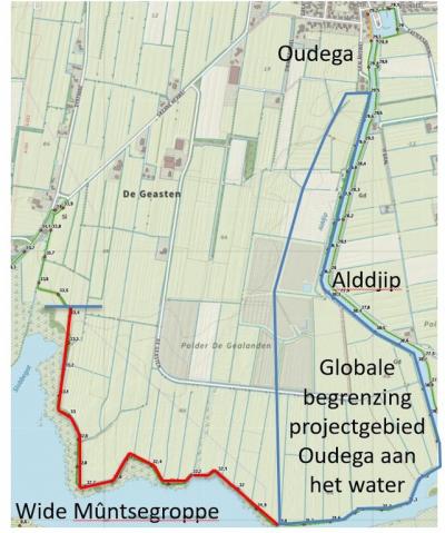 "De waterkering Z van De Geasten die we verbeteren staat op de kaart met een rode lijn aangegeven. Dit traject sluit aan op het projectgebied ‘Oudega aan het water’ (blauwe lijn). Dit is een provinciaal en gemeentelijk project, waaraan we ook deelnemen."