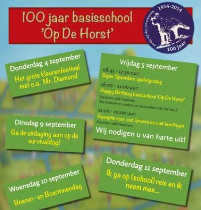 Basisschool Op De Horst in het dorp De Horst bij Groesbeek is opgericht in 1914 en heeft in 2014 dus het 100-jarig bestaan gevierd.