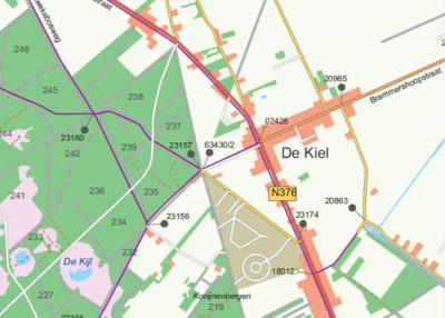 En hier is op een actuele kaart goed te zien waar vroeger de zeven marken en zes gemeenten in De Kiel bij elkaar kwamen.