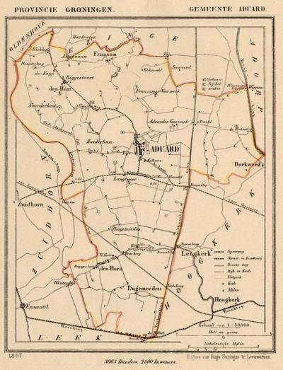 Gemeente Aduard anno ca. 1870, kaart J. Kuijper (collectie www.atlasenkaart.nl)