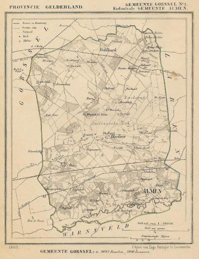 Kaart van de begin 19e eeuw opgeheven gemeente Almen, situatie anno ca. 1870, kaart J. Kuijper