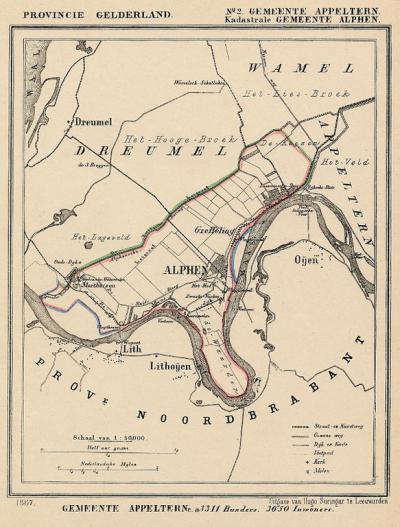 Kaart van de in 1818 opgeheven gemeente Alphen, situatie anno ca. 1870, kaart J. Kuijper (collectie atlasenkaart.nl)
