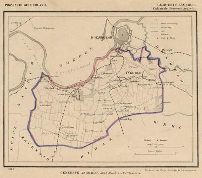 Gemeente Angerlo anno ca. 1870, kaart J. Kuijper, exclusief de begin 19e eeuw opgeheven gemeente Lathum