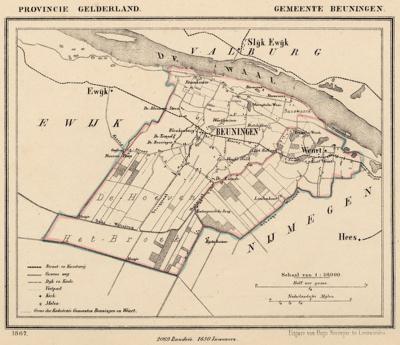 Gemeente Beuningen anno ca. 1870, kaart J. Kuijper. Dankzij de gekleurde grenslijn tussen Beuningen en Weurt kun je nog zien hoe de gemeente Weurt en de oorspronkelijke gemeente Beuningen eruit hebben gezien.